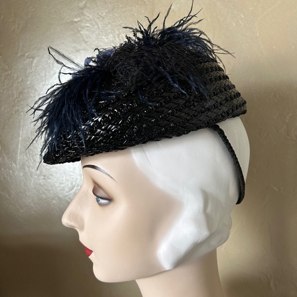 SULTRY 1930s\' BLACK STRAW TILT HAT - OSTRICH FEATHER TRIM + BLUE FABRIC FLOWERS main image 4